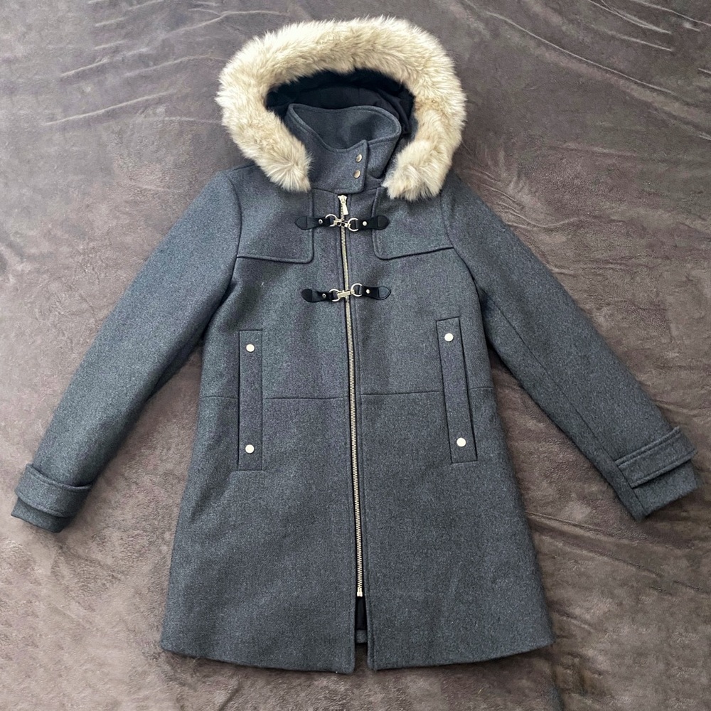 Mango Faux Fur Hooded Gray Jacket with Clasps